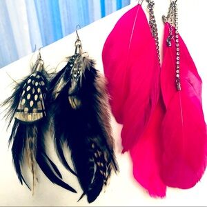Two Pair Statement Long Feather Earrings, Hot pink and black,  Bohemian